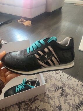 Valiants Custom Italian Black Leather Sneaker with Teal Laces and Zebra Accent
